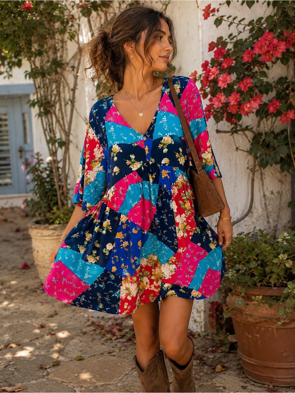 Andree By Unit Floral Patchwork Babydoll Tunic Dress Boho Medium